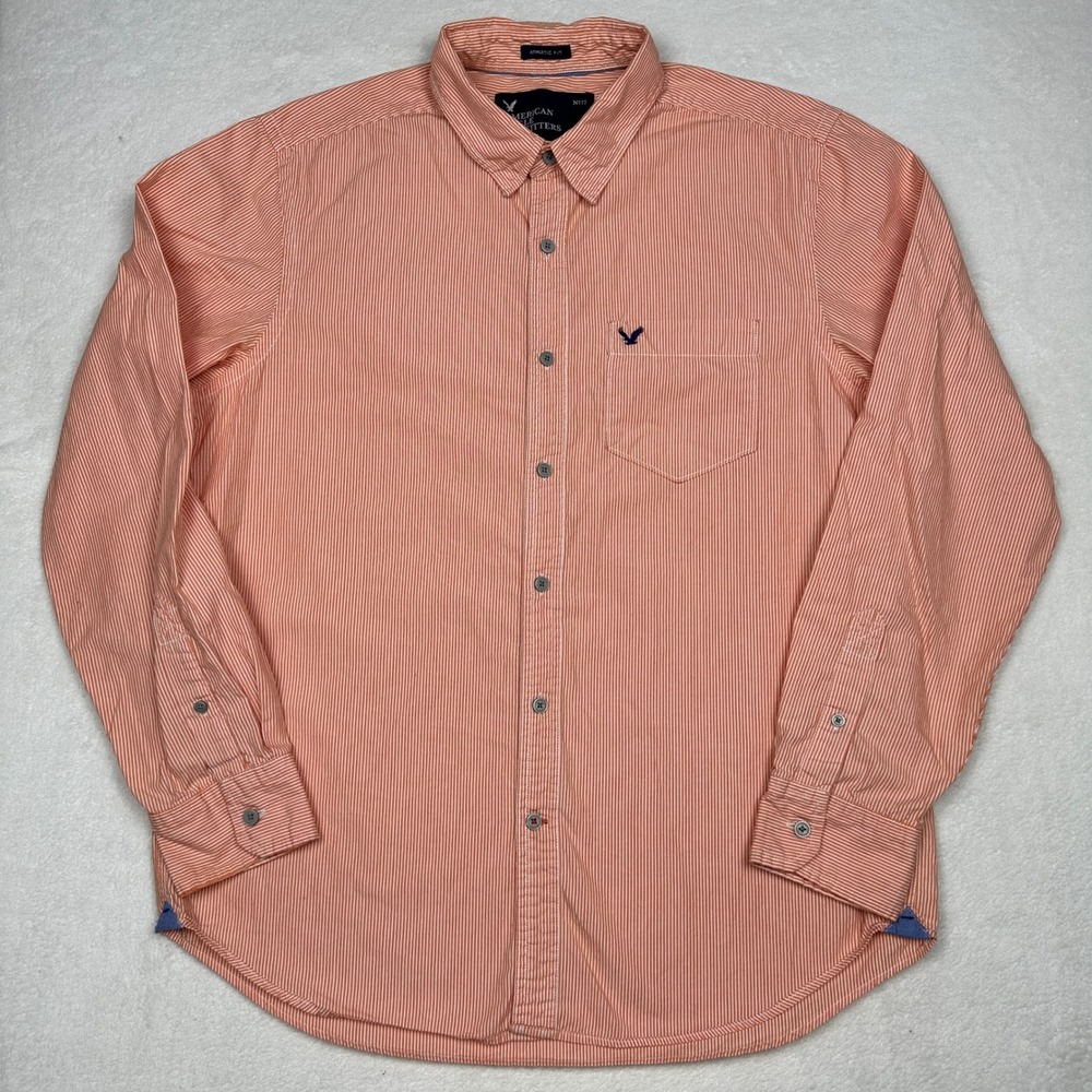 American Eagle Outfitters Mens L Athletic Fit Orange Striped Button Down Shirt
